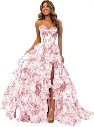 Tulle Floral Print Prom Dress Long Slit Corset Tiered Formal Dress Strapless Sweetheart Evening Gown with Pockets