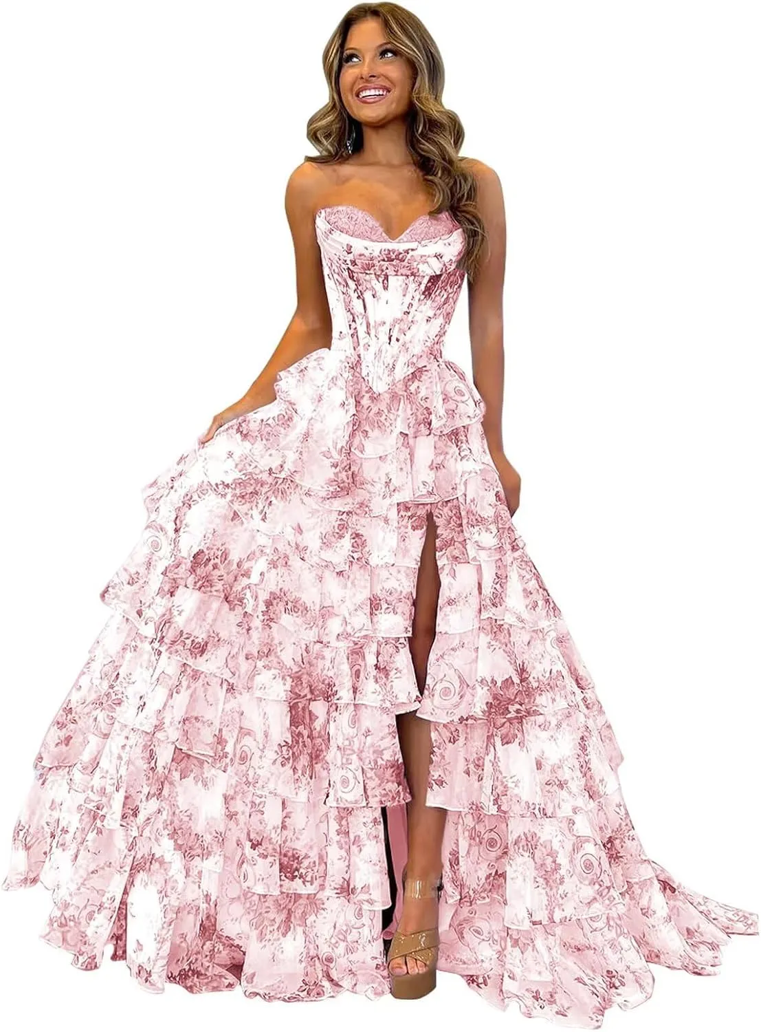 Tulle Floral Print Prom Dress Long Slit Corset Tiered Formal Dress Strapless Sweetheart Evening Gown with Pockets
