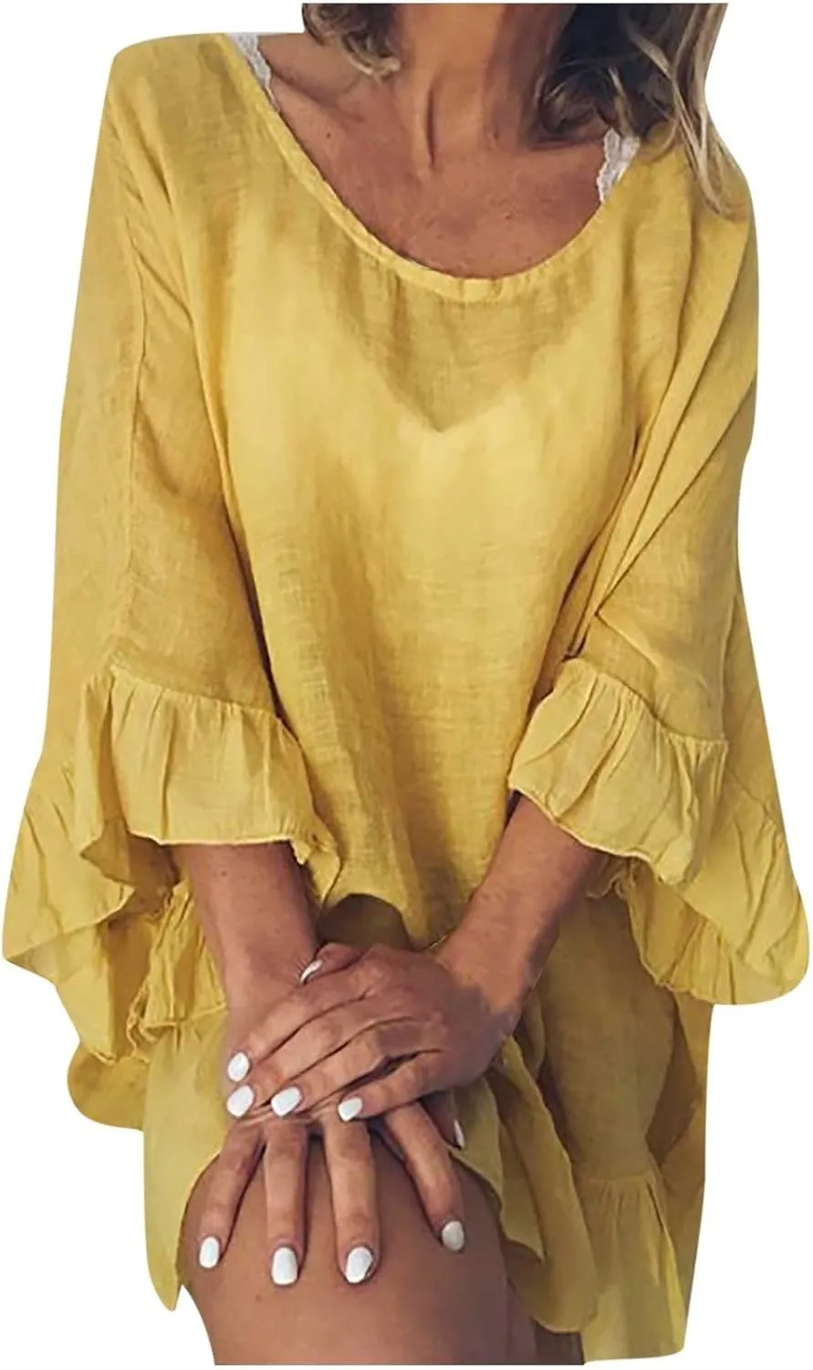 Tunic Dresses for Women 2024 Flowy Plus Size 3/4 Ruffle Sleeve Dress Oversized Lightweight Outdoor Bodycon Mini Dress