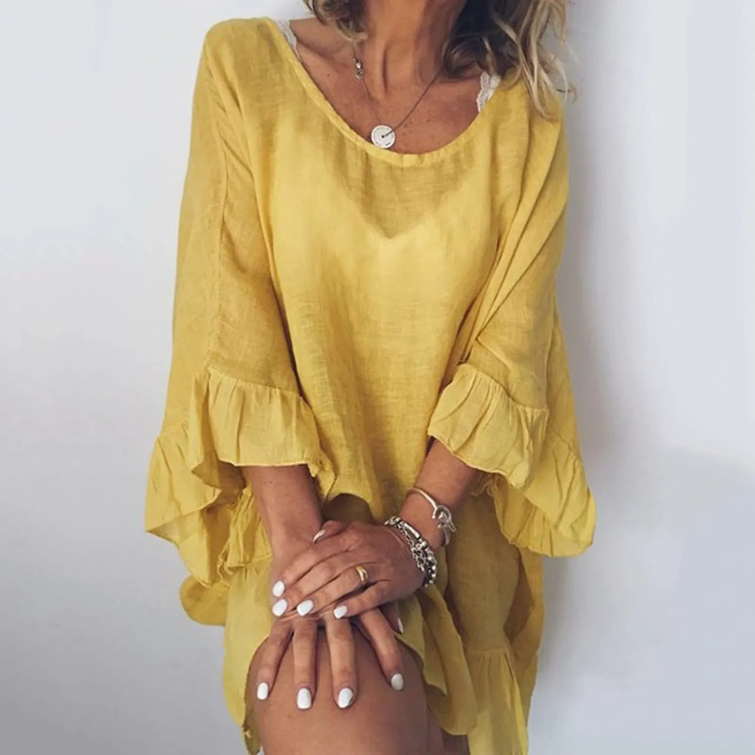 Tunic Dresses for Women 2024 Flowy Plus Size 3/4 Ruffle Sleeve Dress Oversized Lightweight Outdoor Bodycon Mini Dress