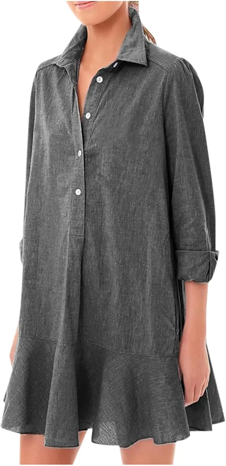 Tunic Mini Shirt Dress for Women Button Up Long Sleeve Dress Chambray Callahan Ruffle Flowy Casual Dresses