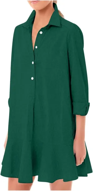 Tunic Mini Shirt Dress for Women Button Up Long Sleeve Dress Chambray Callahan Ruffle Flowy Casual Dresses