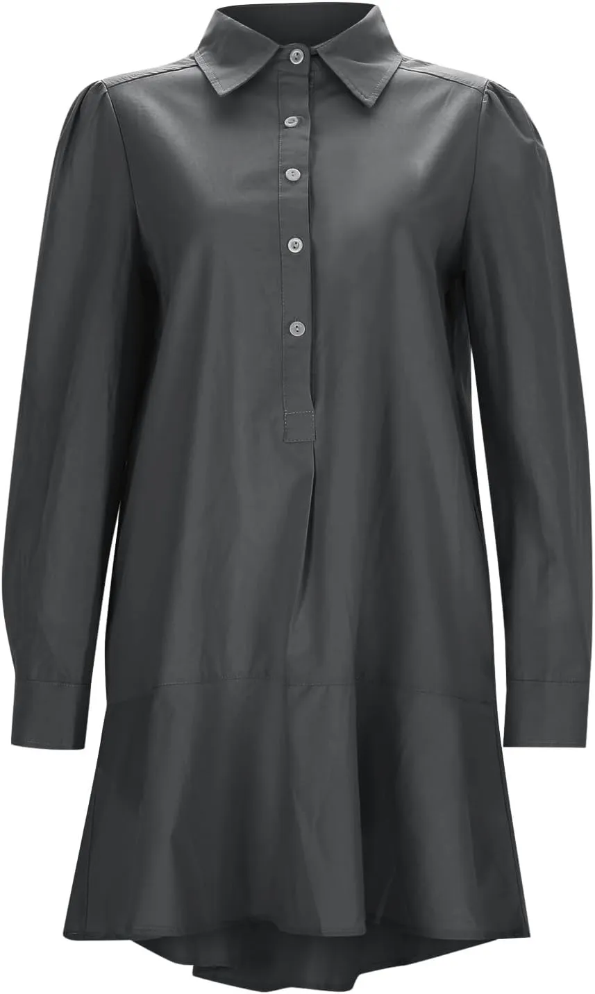 Tunic Mini Shirt Dress for Women Button Up Long Sleeve Dress Chambray Callahan Ruffle Flowy Casual Dresses