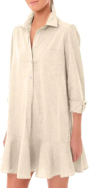 Tunic Mini Shirt Dress for Women Button Up Long Sleeve Dress Chambray Callahan Ruffle Flowy Casual Dresses