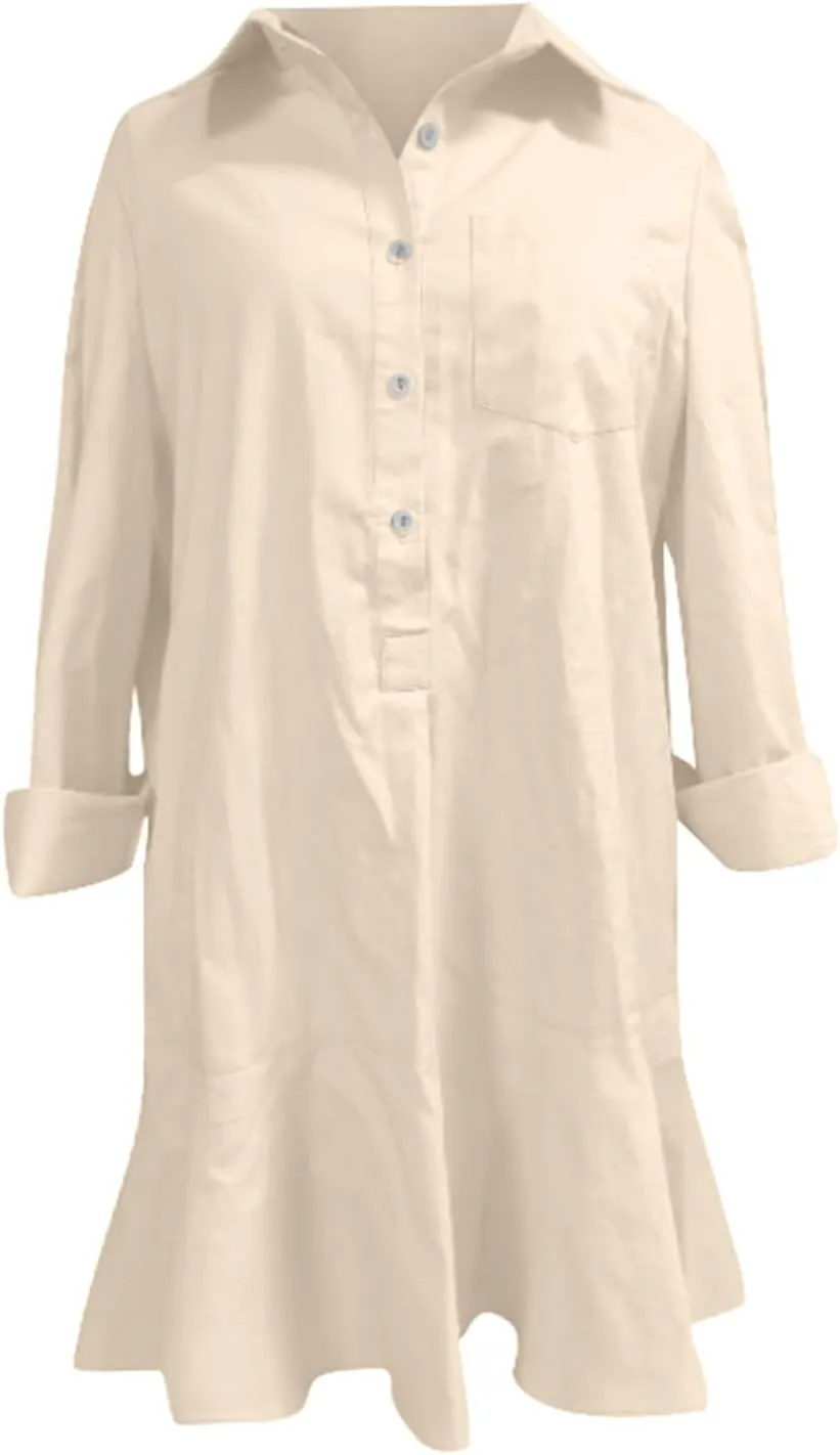 Tunic Mini Shirt Dress for Women Button Up Long Sleeve Dress Chambray Callahan Ruffle Flowy Casual Dresses