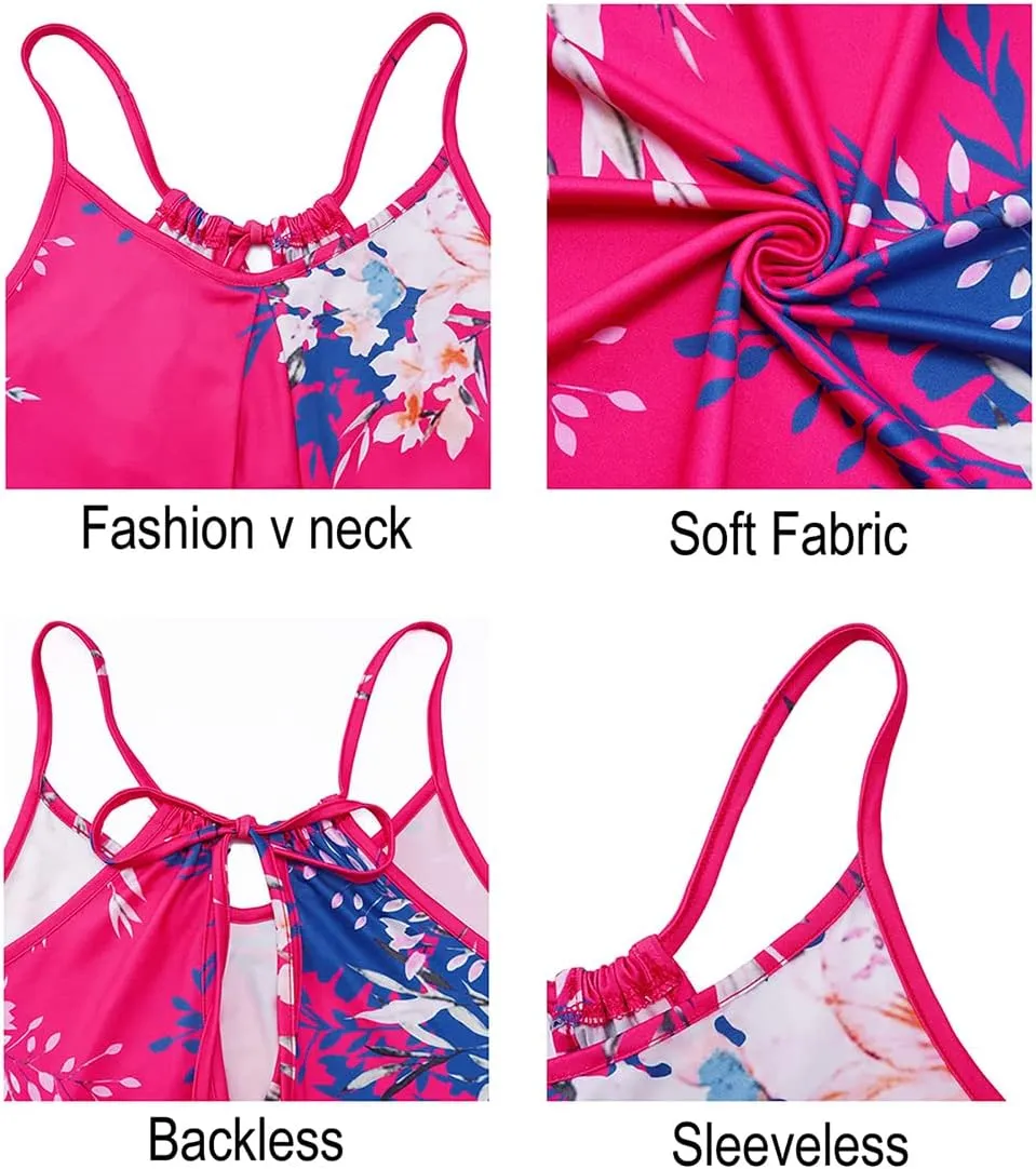 ULTRANICE Women's 2024 Summer Casual Beach Dresses Cover Ups Floral V Neck Spaghetti Strap Backless Mini Sun Dress