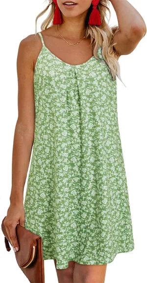 ULTRANICE Women's 2024 Summer Casual Beach Dresses Cover Ups Floral V Neck Spaghetti Strap Backless Mini Sun Dress