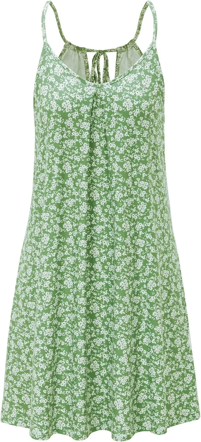 ULTRANICE Women's 2024 Summer Casual Beach Dresses Cover Ups Floral V Neck Spaghetti Strap Backless Mini Sun Dress