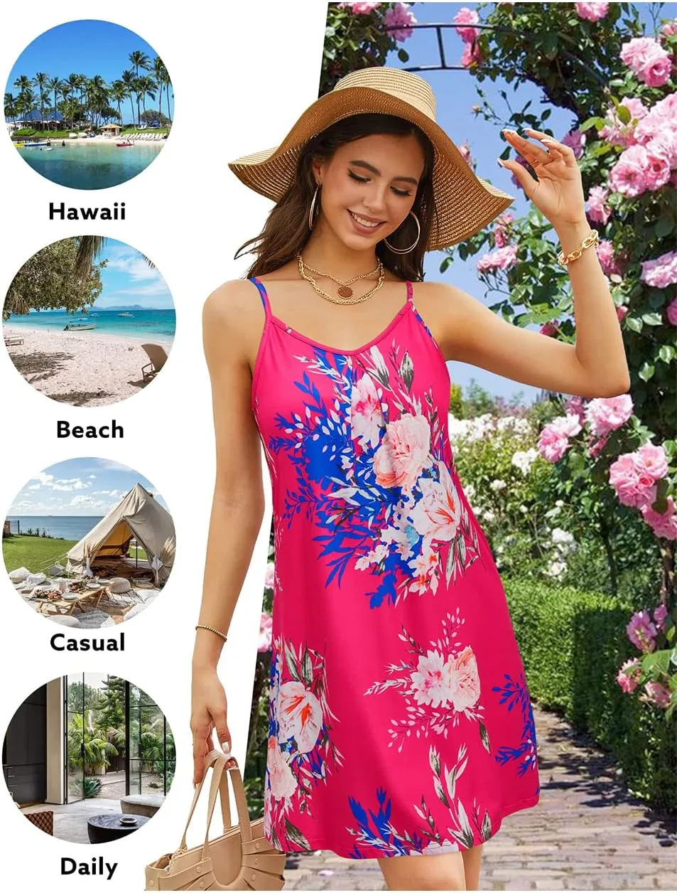 ULTRANICE Women's 2024 Summer Casual Beach Dresses Cover Ups Floral V Neck Spaghetti Strap Backless Mini Sun Dress