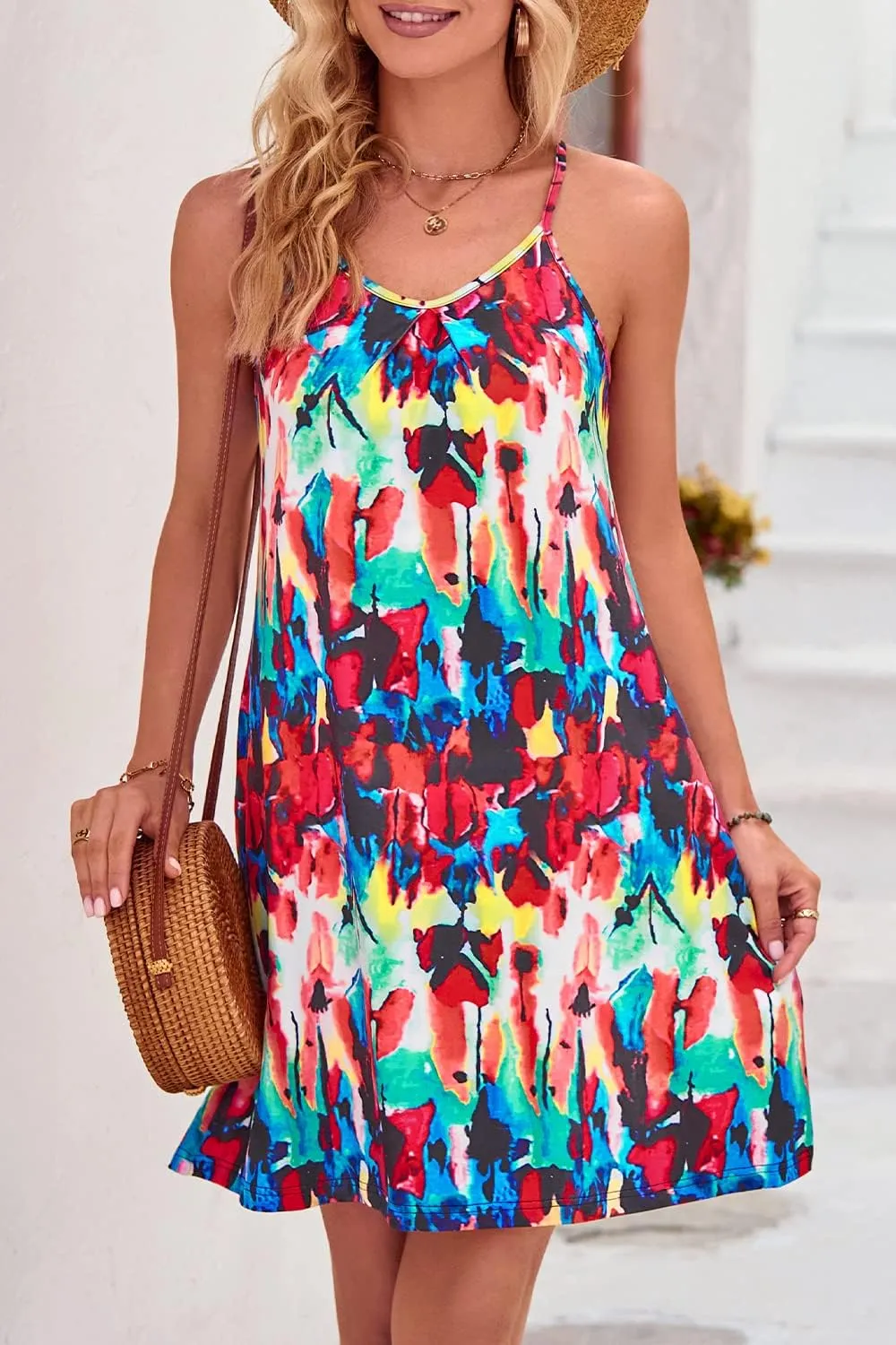 ULTRANICE Women's 2024 Summer Casual Beach Dresses Cover Ups Floral V Neck Spaghetti Strap Backless Mini Sun Dress
