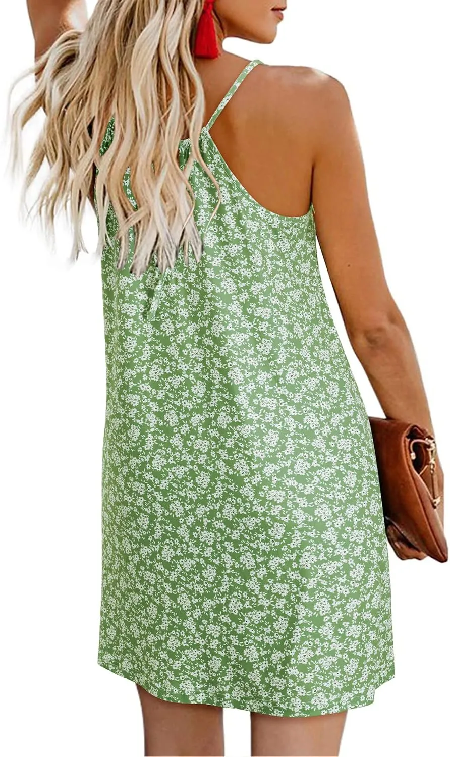 ULTRANICE Women's 2024 Summer Casual Beach Dresses Cover Ups Floral V Neck Spaghetti Strap Backless Mini Sun Dress