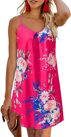 ULTRANICE Women's 2024 Summer Casual Beach Dresses Cover Ups Floral V Neck Spaghetti Strap Backless Mini Sun Dress