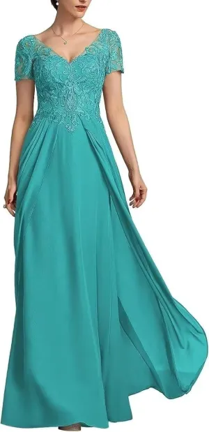 V Neck Mother of The Bride Dress Chiffon Long Wedding Guest Dresses for Women Lace Appliques Formal Dress RO56