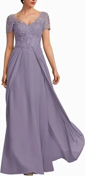 V Neck Mother of The Bride Dress Chiffon Long Wedding Guest Dresses for Women Lace Appliques Formal Dress RO56