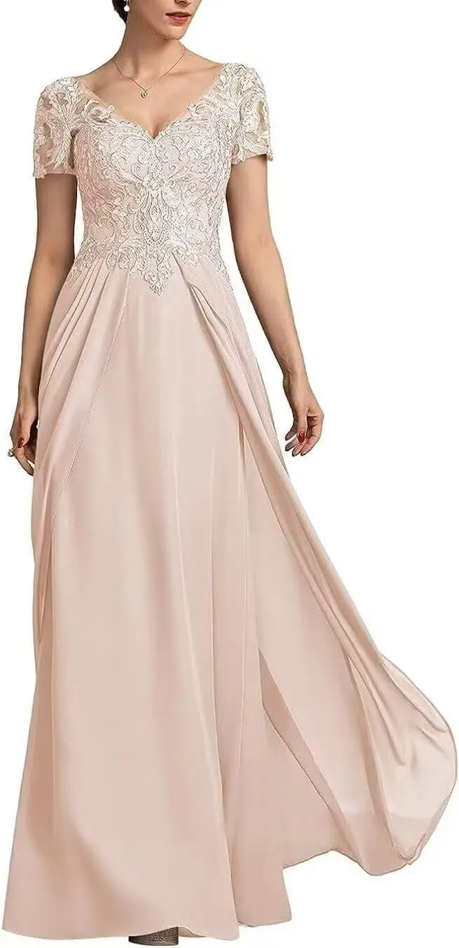 V Neck Mother of The Bride Dress Chiffon Long Wedding Guest Dresses for Women Lace Appliques Formal Dress RO56