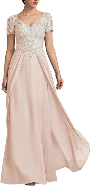 V Neck Mother of The Bride Dress Chiffon Long Wedding Guest Dresses for Women Lace Appliques Formal Dress RO56