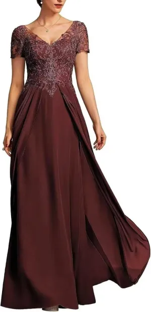 V Neck Mother of The Bride Dress Chiffon Long Wedding Guest Dresses for Women Lace Appliques Formal Dress RO56