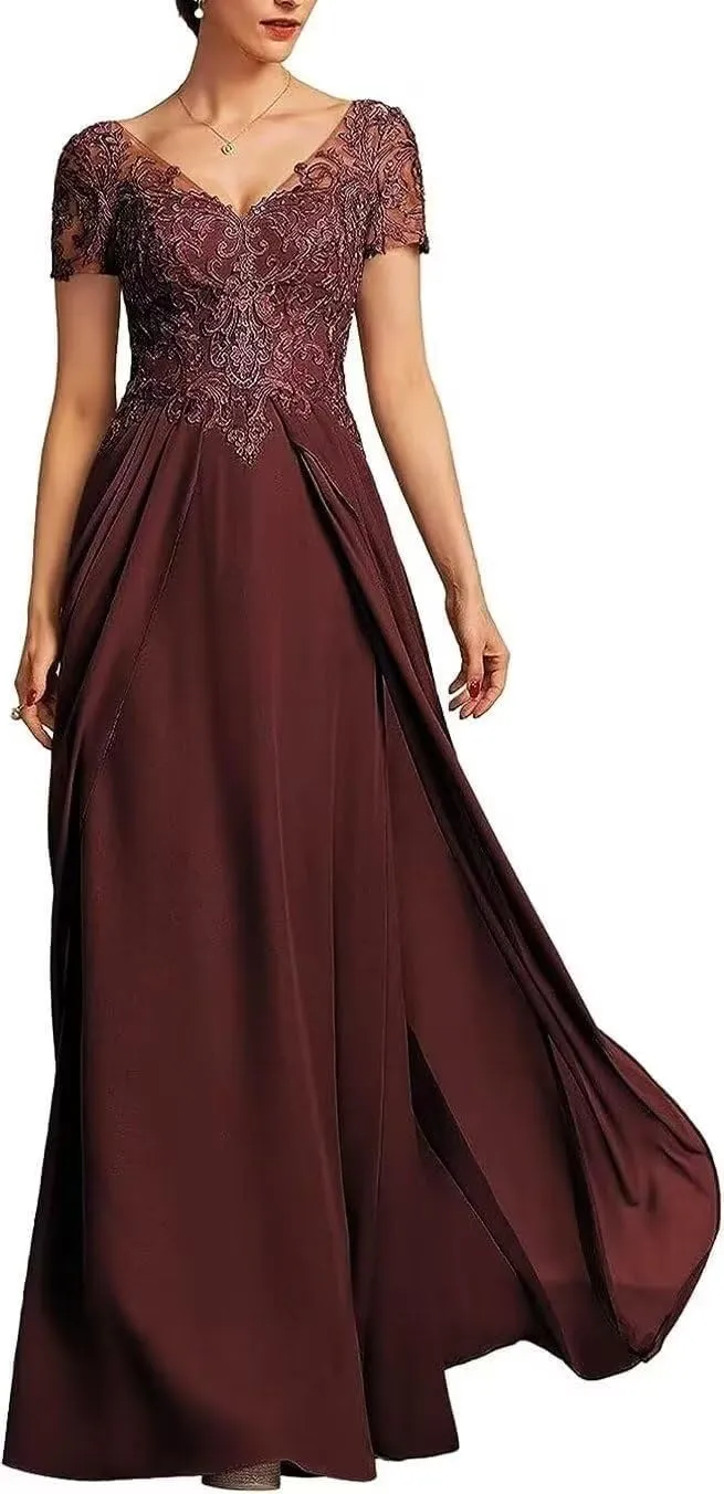V Neck Mother of The Bride Dress Chiffon Long Wedding Guest Dresses for Women Lace Appliques Formal Dress RO56
