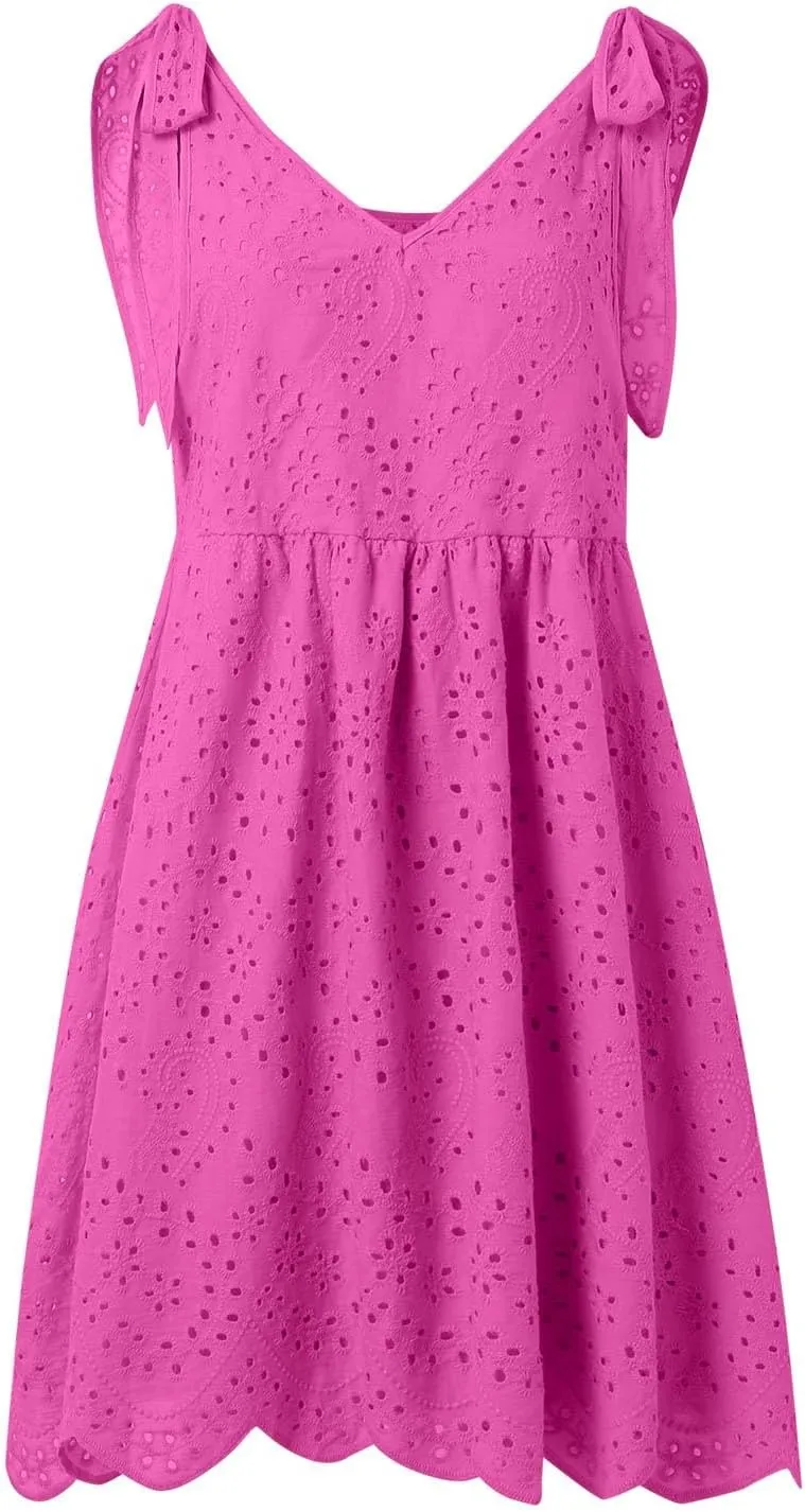 Vacation Dresses for Women 2025,Eyelet V Neck Flowy Mini Dress Boho Tie Knot Strap Sleevless Dress,Swing Beach Dress