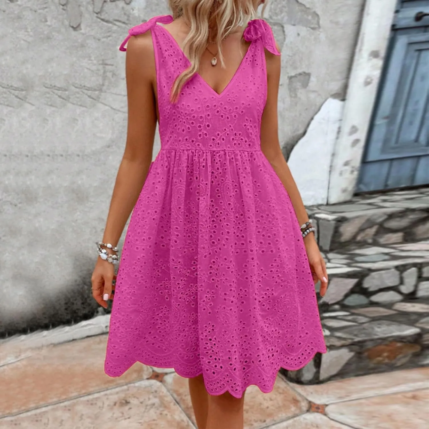 Vacation Dresses for Women 2025,Eyelet V Neck Flowy Mini Dress Boho Tie Knot Strap Sleevless Dress,Swing Beach Dress