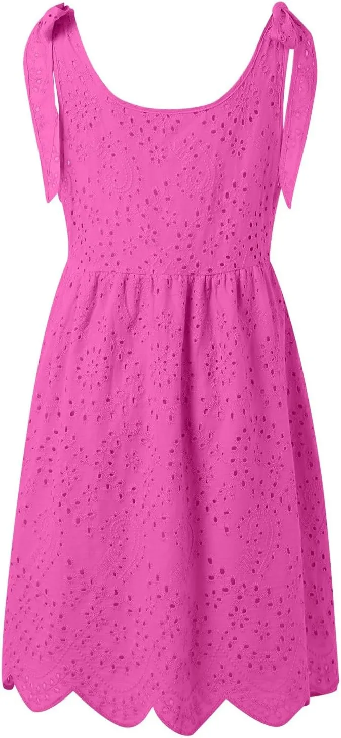 Vacation Dresses for Women 2025,Eyelet V Neck Flowy Mini Dress Boho Tie Knot Strap Sleevless Dress,Swing Beach Dress