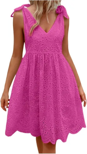 Vacation Dresses for Women 2025,Eyelet V Neck Flowy Mini Dress Boho Tie Knot Strap Sleevless Dress,Swing Beach Dress