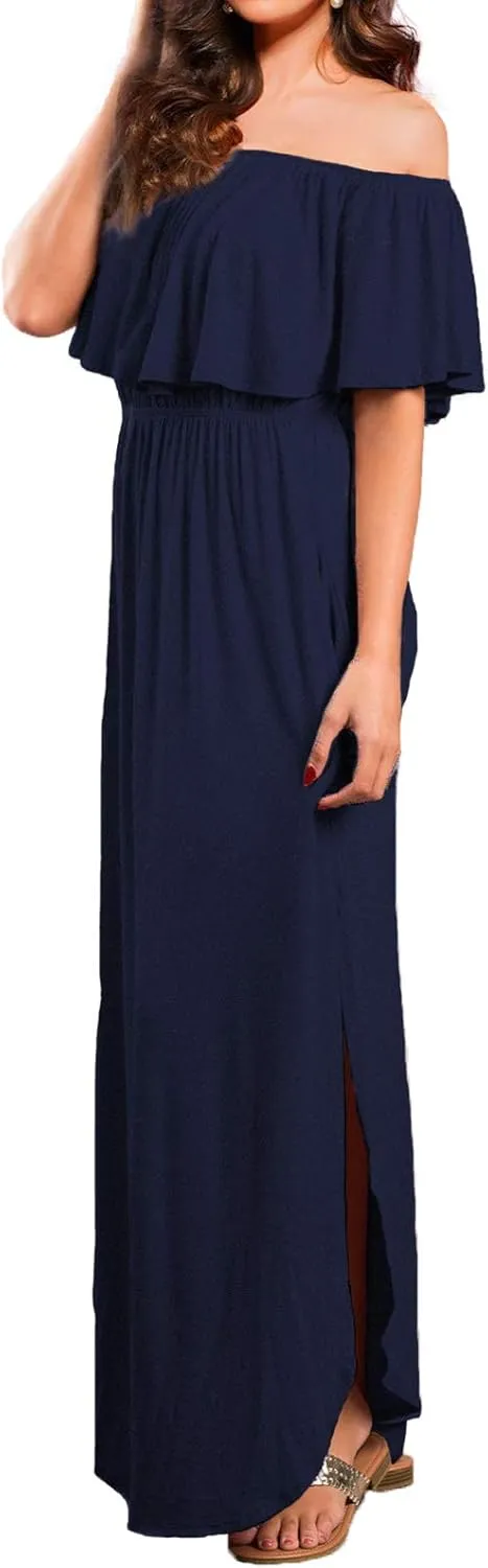 VERABENDI Women's Off Shoulder Summer Casual Long Ruffle Beach Maxi Dress with Pockets