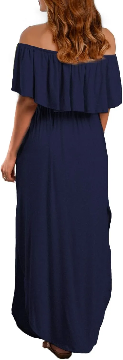 VERABENDI Women's Off Shoulder Summer Casual Long Ruffle Beach Maxi Dress with Pockets
