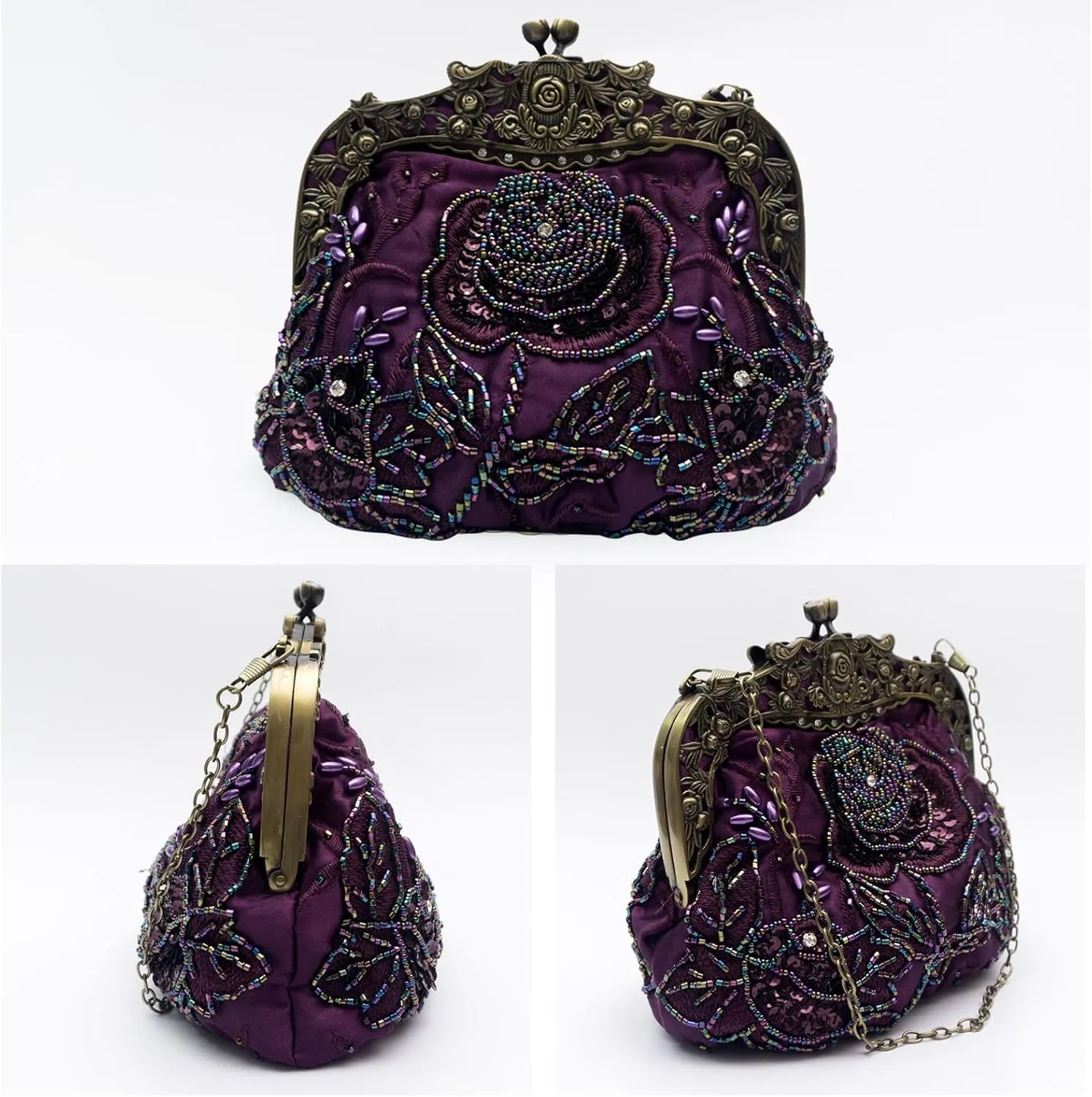 Vintage 1920s Beaded Evening Bag - Pearl Clutch Purse for Women - Bridal Wedding Sequin Rhinestone Handbag(Purple)