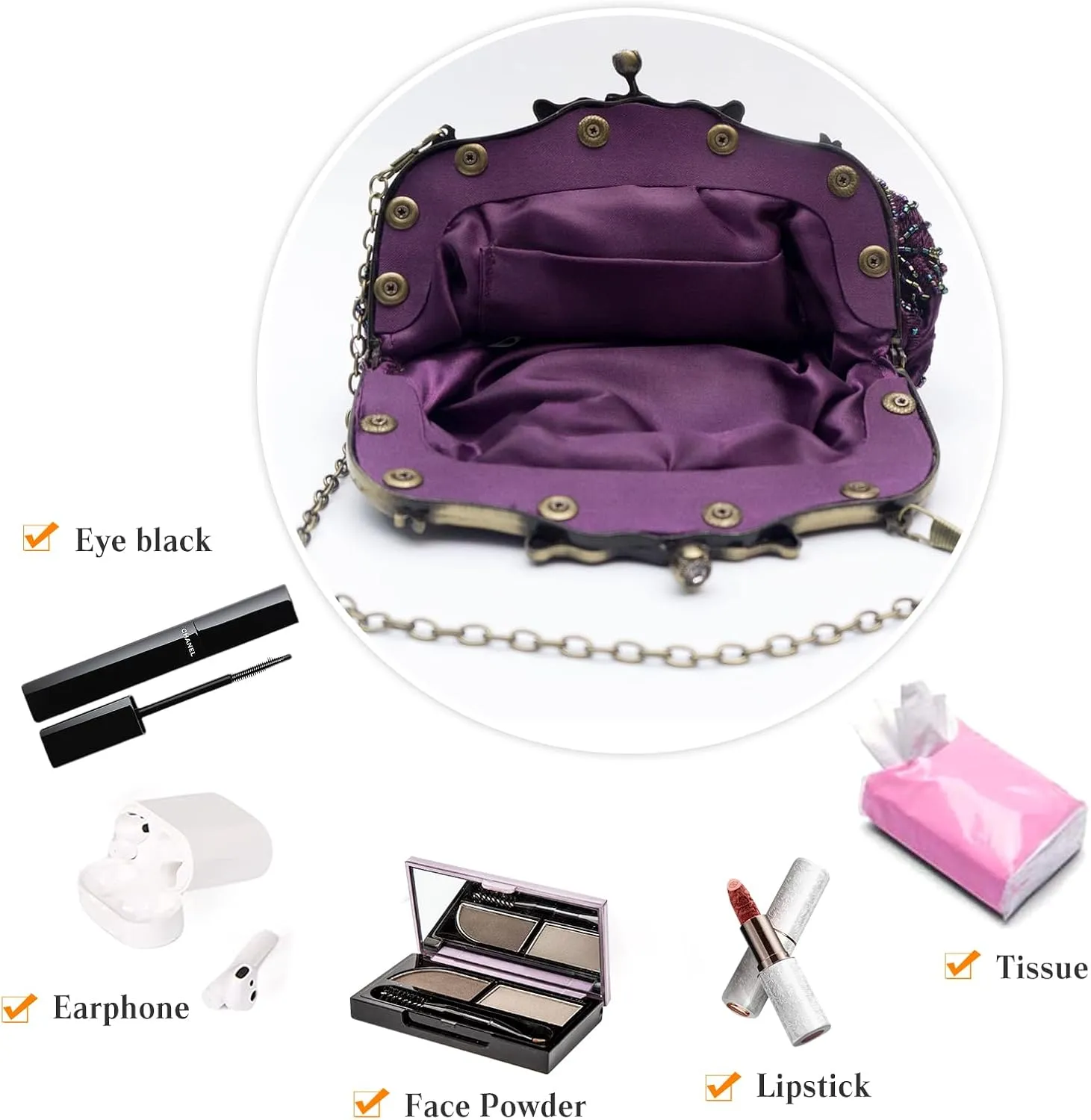 Vintage 1920s Beaded Evening Bag - Pearl Clutch Purse for Women - Bridal Wedding Sequin Rhinestone Handbag(Purple)