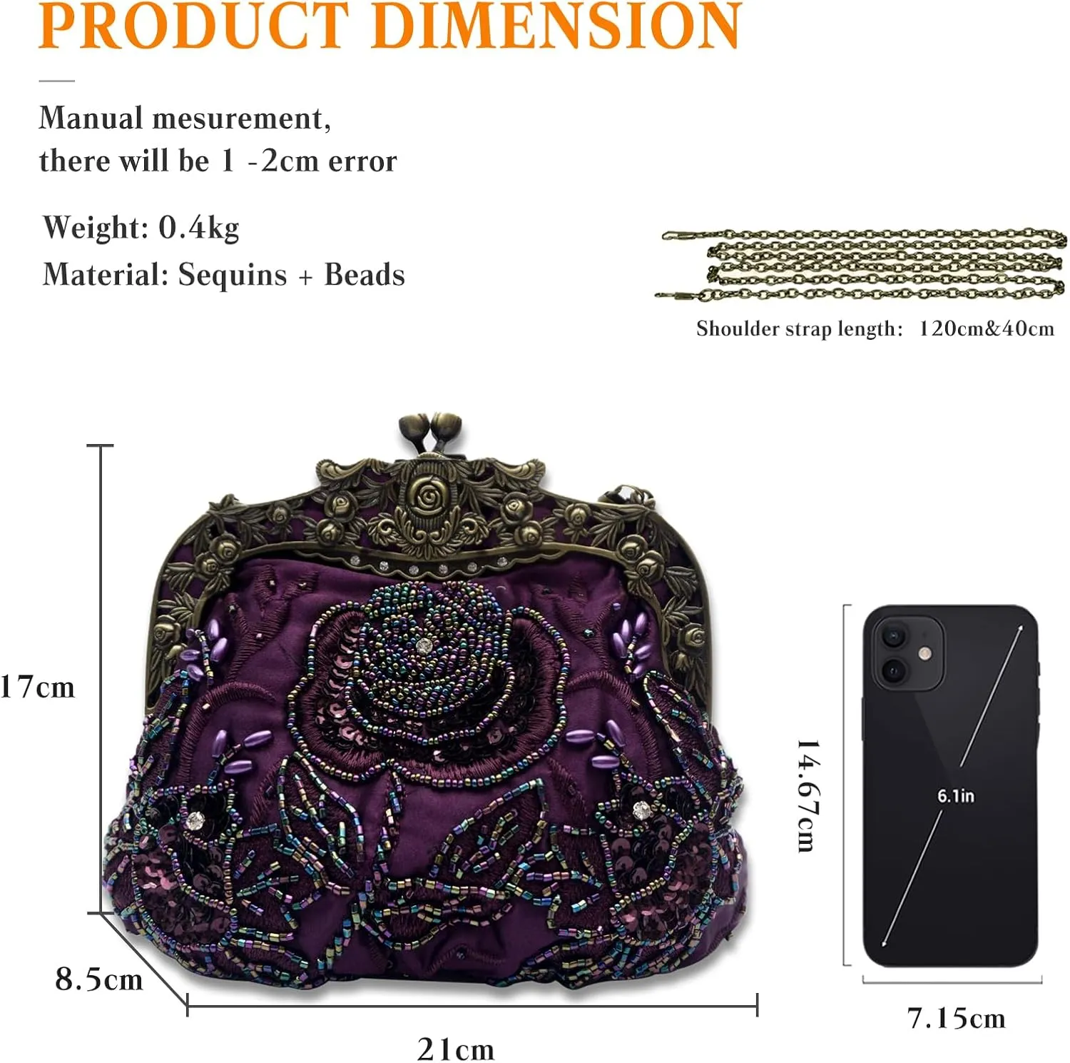 Vintage 1920s Beaded Evening Bag - Pearl Clutch Purse for Women - Bridal Wedding Sequin Rhinestone Handbag(Purple)