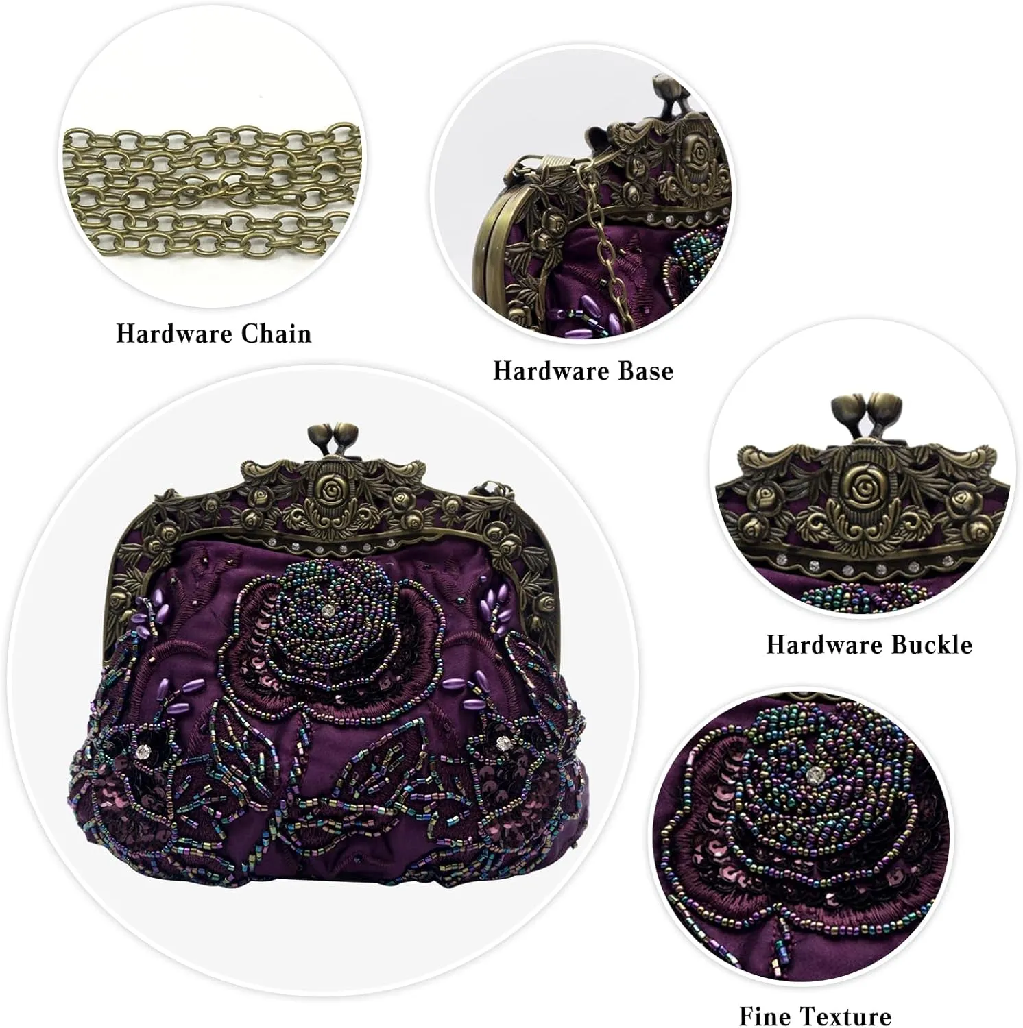 Vintage 1920s Beaded Evening Bag - Pearl Clutch Purse for Women - Bridal Wedding Sequin Rhinestone Handbag(Purple)