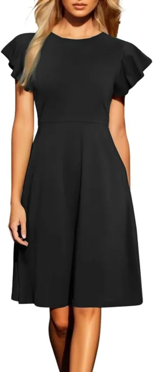 Vintage Summer Dress for Women High Waisted A Line Midi Dresses Round Neck Ruffle Short Sleeve Office Outfits