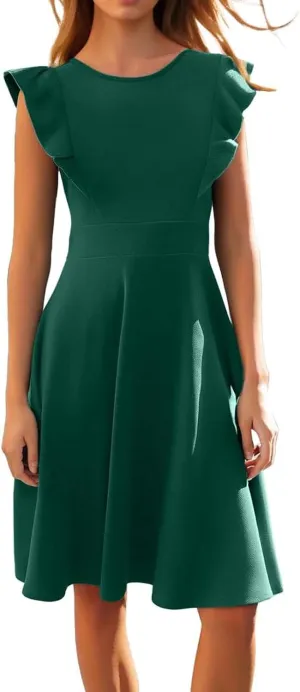 Vintage Summer Dress for Women High Waisted A Line Midi Dresses Round Neck Ruffle Short Sleeve Office Outfits