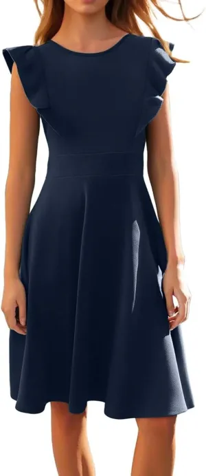 Vintage Summer Dress for Women High Waisted A Line Midi Dresses Round Neck Ruffle Short Sleeve Office Outfits