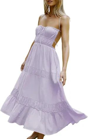 VIUTIL Womens Backless Flowy Dress Sexy Strap Tiered Long Dresses Summer Beach Vacation Sundress with Pockets Clothes 2025