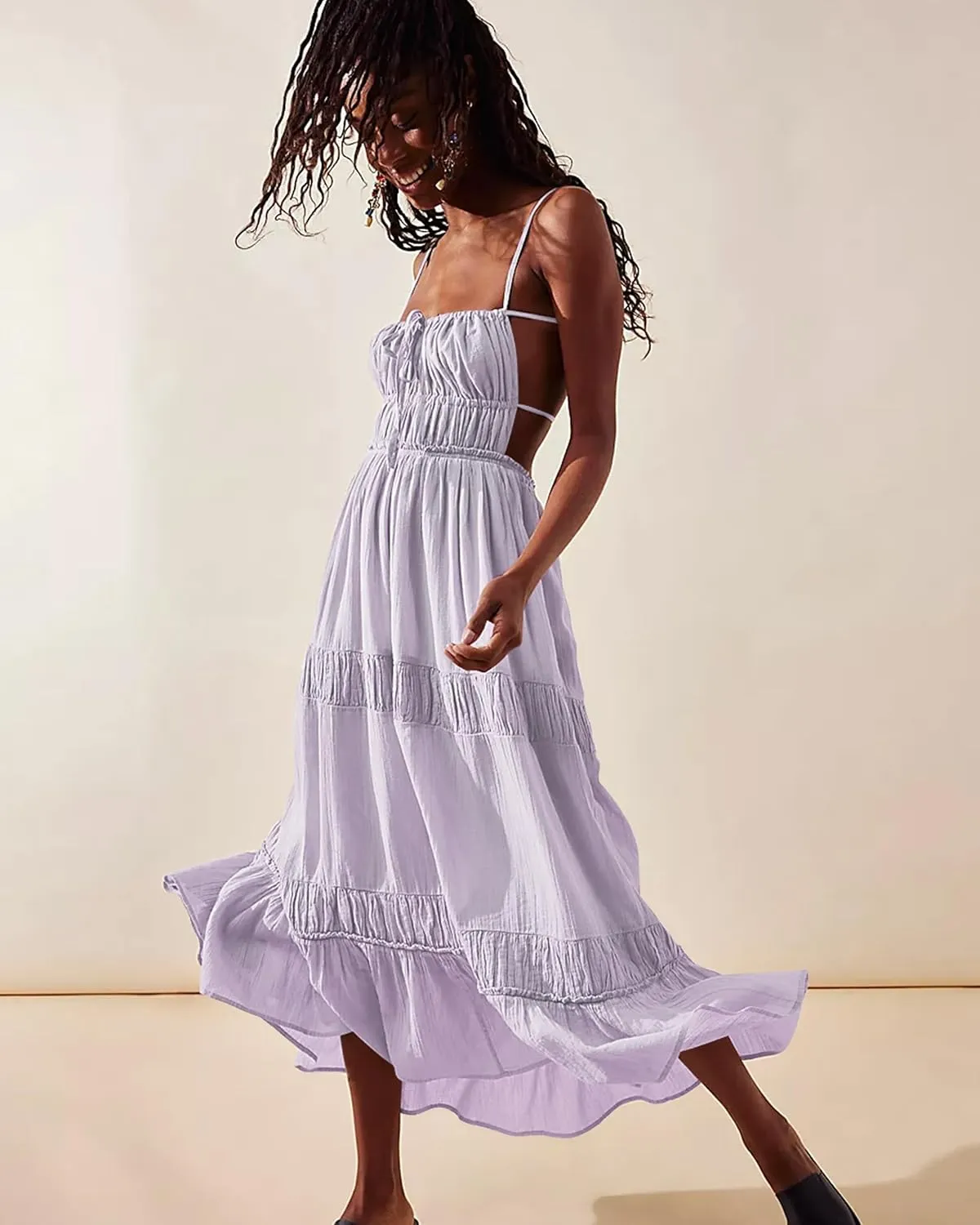 VIUTIL Womens Backless Flowy Dress Sexy Strap Tiered Long Dresses Summer Beach Vacation Sundress with Pockets Clothes 2025