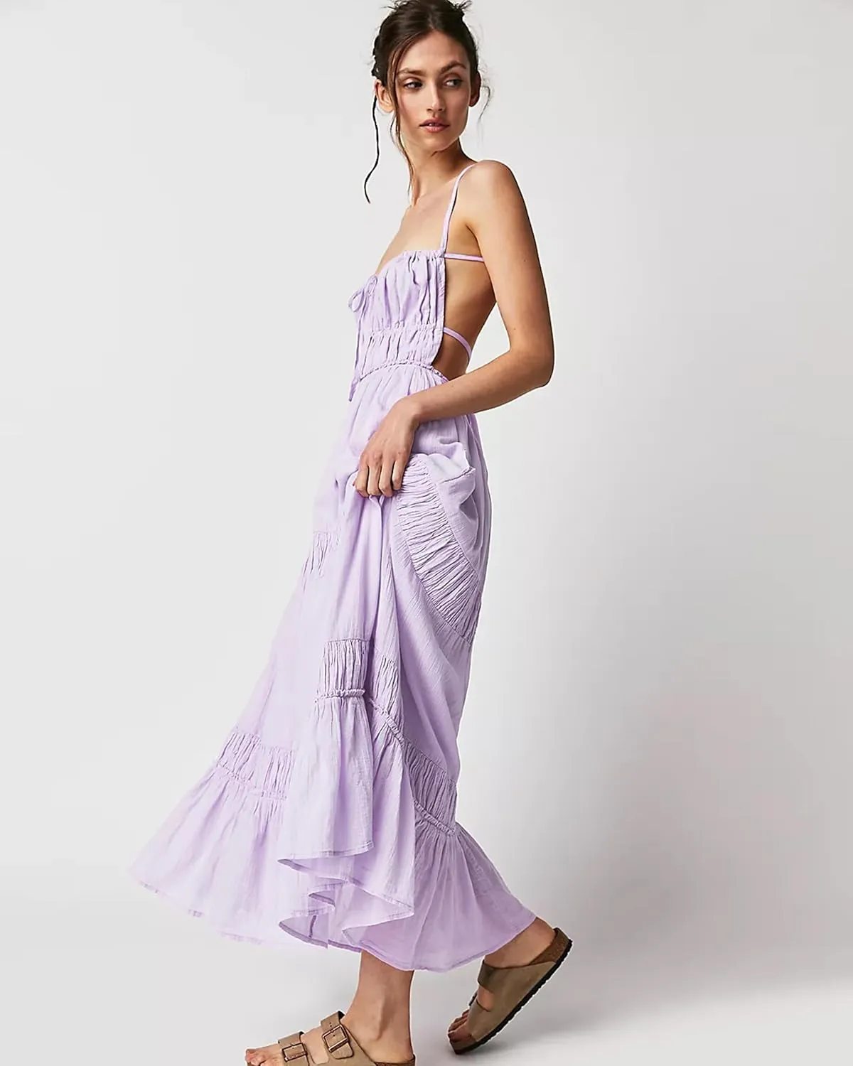 VIUTIL Womens Backless Flowy Dress Sexy Strap Tiered Long Dresses Summer Beach Vacation Sundress with Pockets Clothes 2025