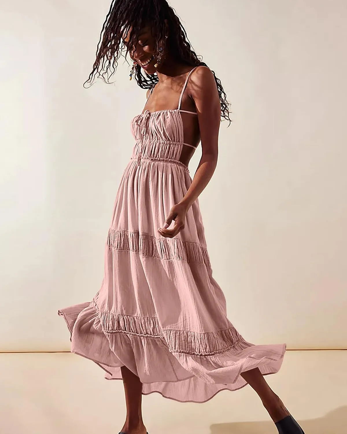 VIUTIL Womens Backless Flowy Dress Sexy Strap Tiered Long Dresses Summer Beach Vacation Sundress with Pockets Clothes 2025