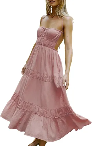 VIUTIL Womens Backless Flowy Dress Sexy Strap Tiered Long Dresses Summer Beach Vacation Sundress with Pockets Clothes 2025