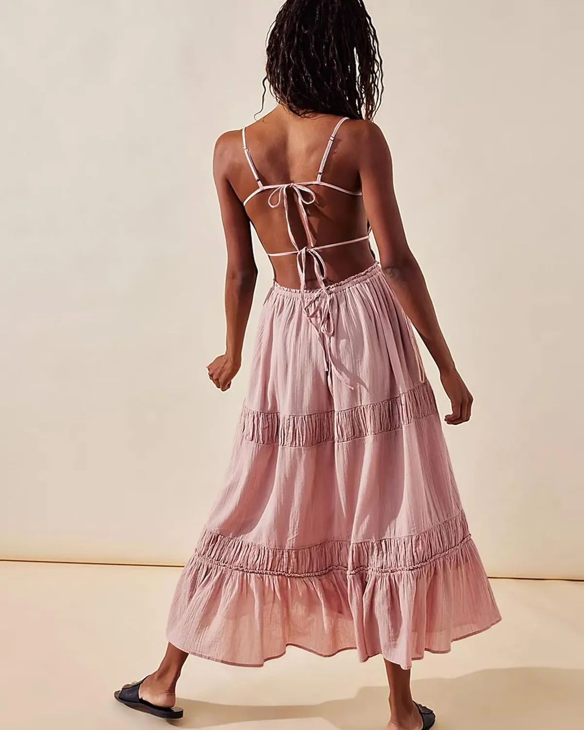 VIUTIL Womens Backless Flowy Dress Sexy Strap Tiered Long Dresses Summer Beach Vacation Sundress with Pockets Clothes 2025
