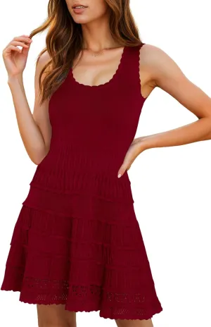Wenrine Women's Summer Mini Dresses Sleeveless Knitted Crew Neck Casual Crochet Hem Slim Cute Tank Dress
