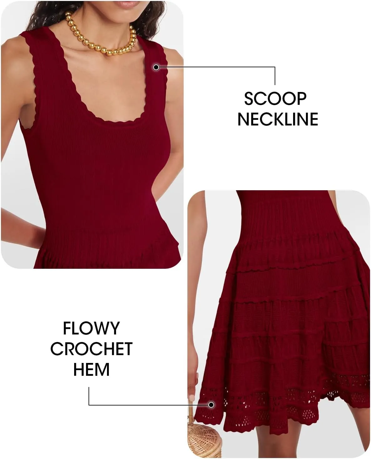 Wenrine Women's Summer Mini Dresses Sleeveless Knitted Crew Neck Casual Crochet Hem Slim Cute Tank Dress