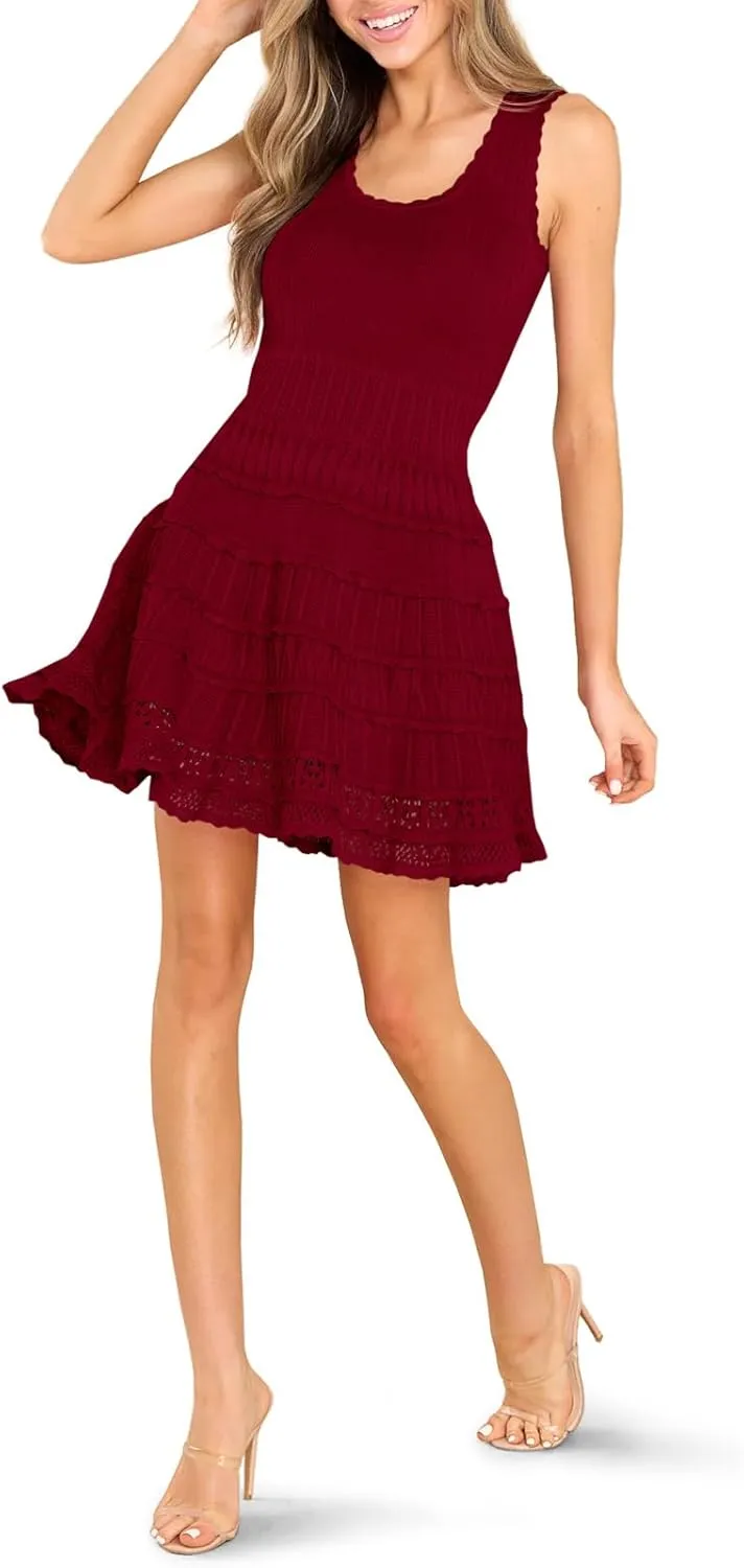 Wenrine Women's Summer Mini Dresses Sleeveless Knitted Crew Neck Casual Crochet Hem Slim Cute Tank Dress