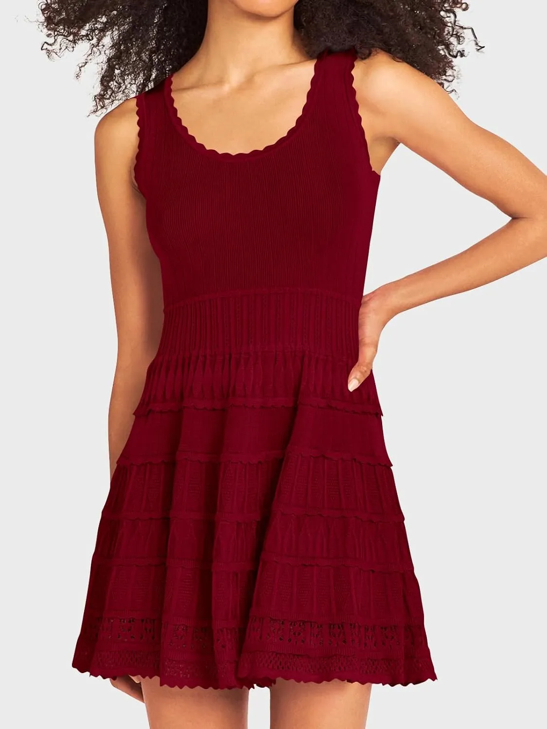 Wenrine Women's Summer Mini Dresses Sleeveless Knitted Crew Neck Casual Crochet Hem Slim Cute Tank Dress