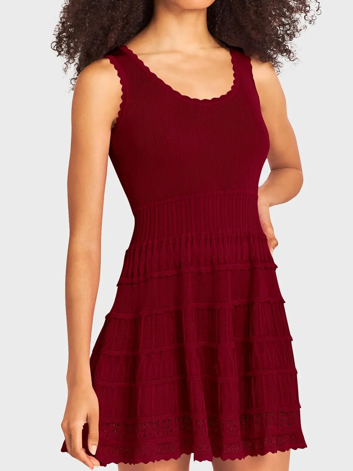 Wenrine Women's Summer Mini Dresses Sleeveless Knitted Crew Neck Casual Crochet Hem Slim Cute Tank Dress