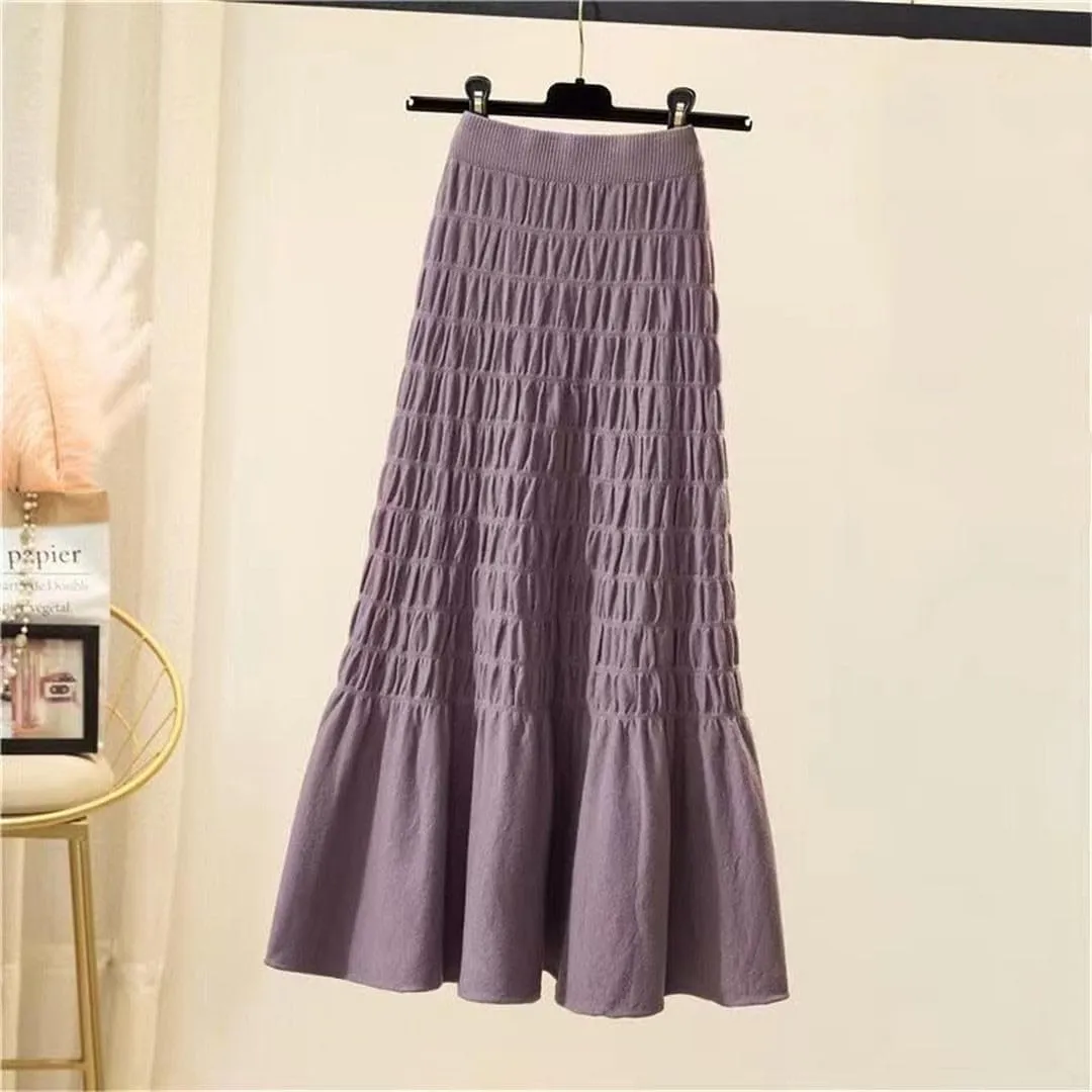Winter Pleated Knitted Women Office Long Skirt Autumn Thickening Sweater A-Line Large Swing Midi Skirt