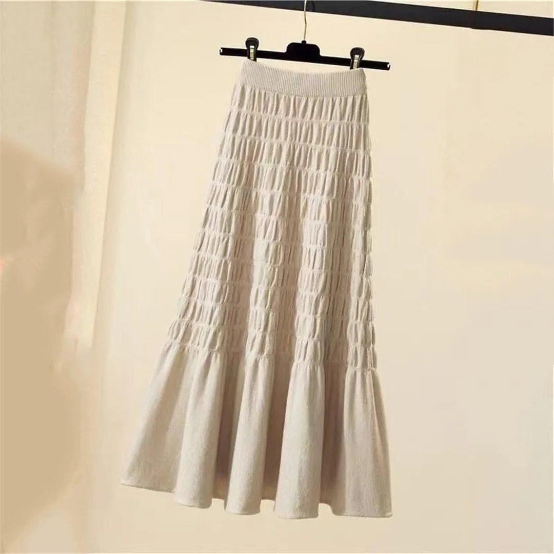 Winter Pleated Knitted Women Office Long Skirt Autumn Thickening Sweater A-Line Large Swing Midi Skirt