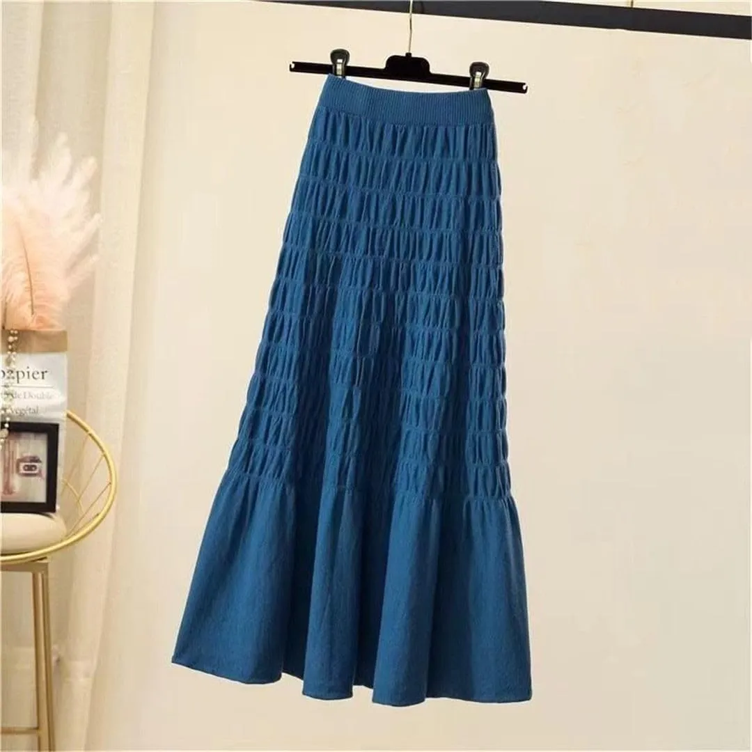 Winter Pleated Knitted Women Office Long Skirt Autumn Thickening Sweater A-Line Large Swing Midi Skirt