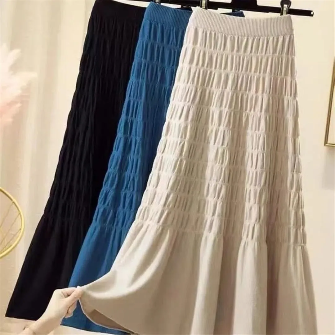 Winter Pleated Knitted Women Office Long Skirt Autumn Thickening Sweater A-Line Large Swing Midi Skirt